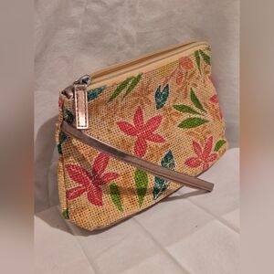 Elizabeth Arden Floral Straw Wristlet Clutch in Pink, Green & Gold